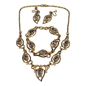 Kramer Vintage Necklace Bracelet Earrings Set Pear Tear Drop Rhinestone Gold